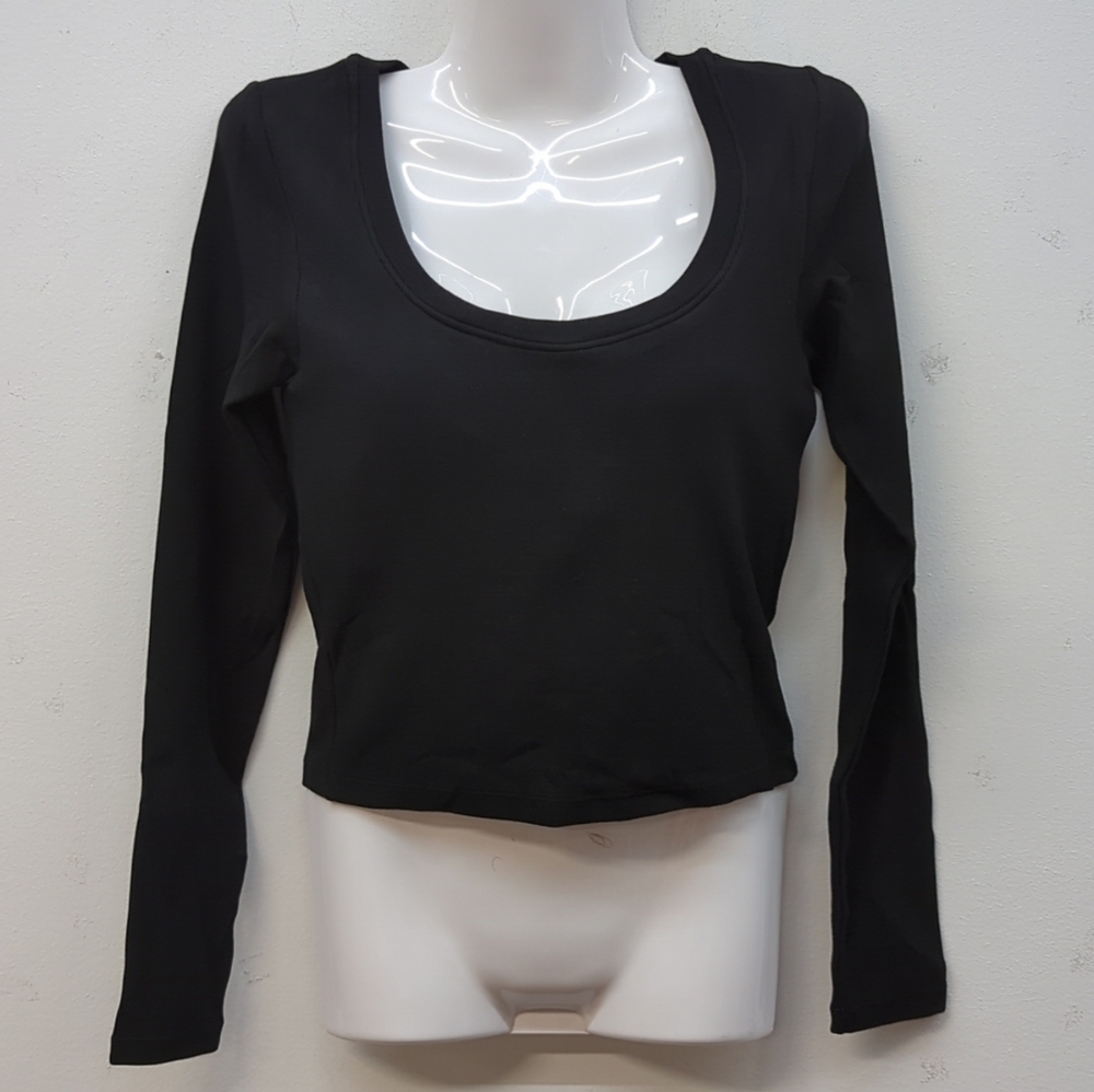 SSYS Ribbed U Neck Fitted Long Sleeves Women's Casual Top Small Black